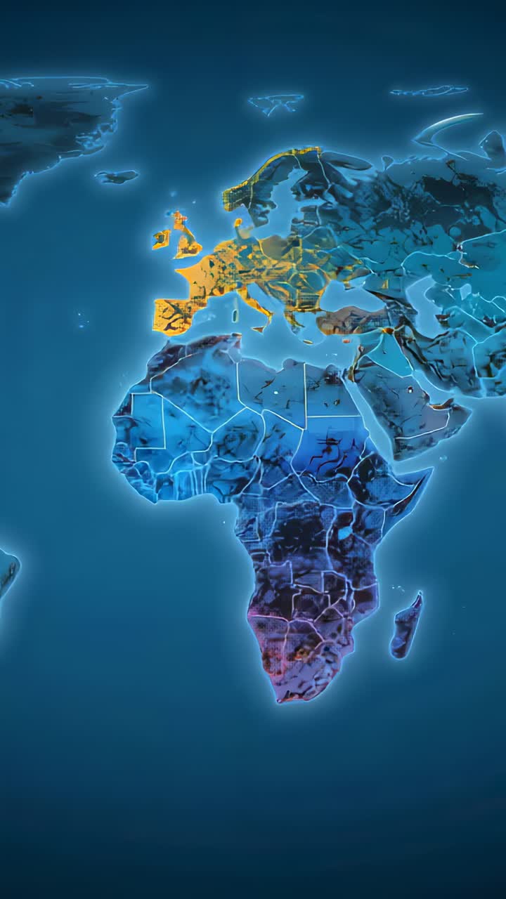 Video verticale: Inizia la riproduzione di una mappa luminosa che zooma verso sud sullo schermo, evidenziando un marcatore bianco del Sahara.