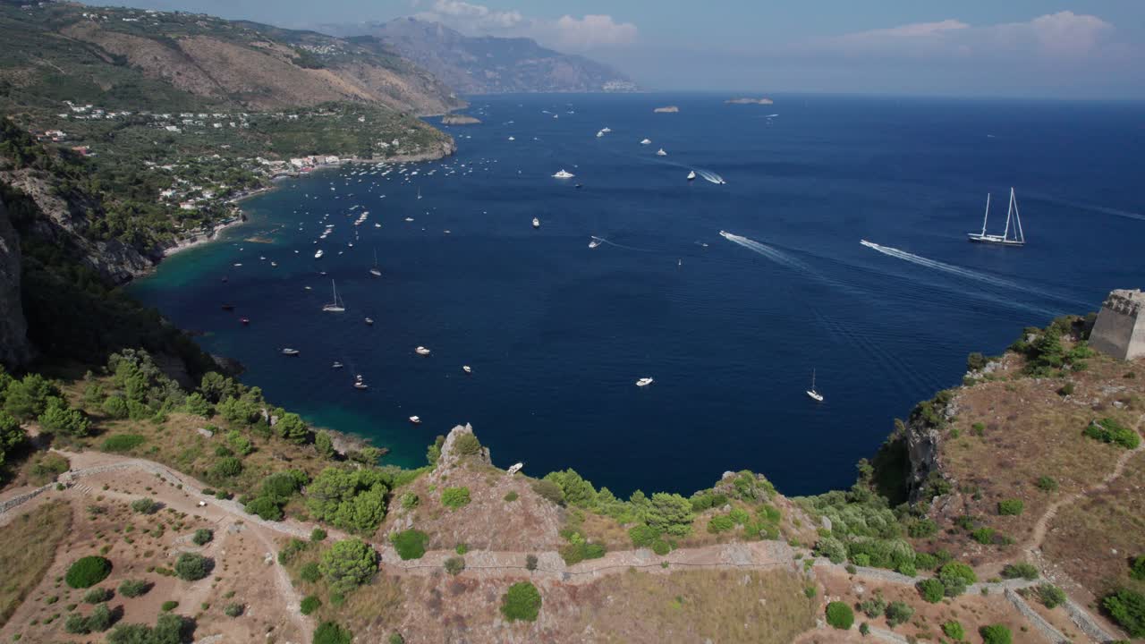 Magnificent aerial forward view of the bay of Ieranto. Salerno gulf. Italy