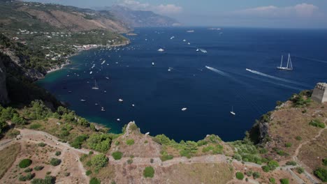 magnificent aerial forward view of the bay of ieranto. salerno gulf. italy