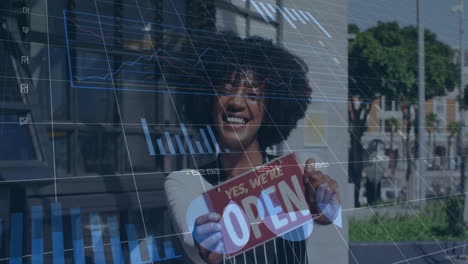 animation of data processing over happy african american woman opening shop
