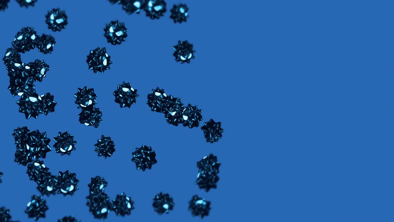 파란색 배경의 만화 캐릭터에서 많은 바이러스를 날아다니는. 의학 개념. 화를 내는 재미있는 검은 바이러스 마스코트. 3d 루프 애니메이션.