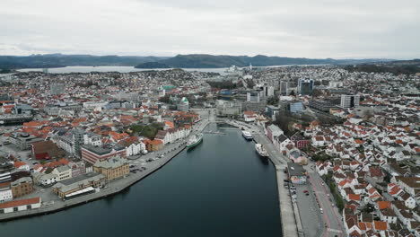 old coastal city of stavanger in norway - panoramic aerial trucking shot