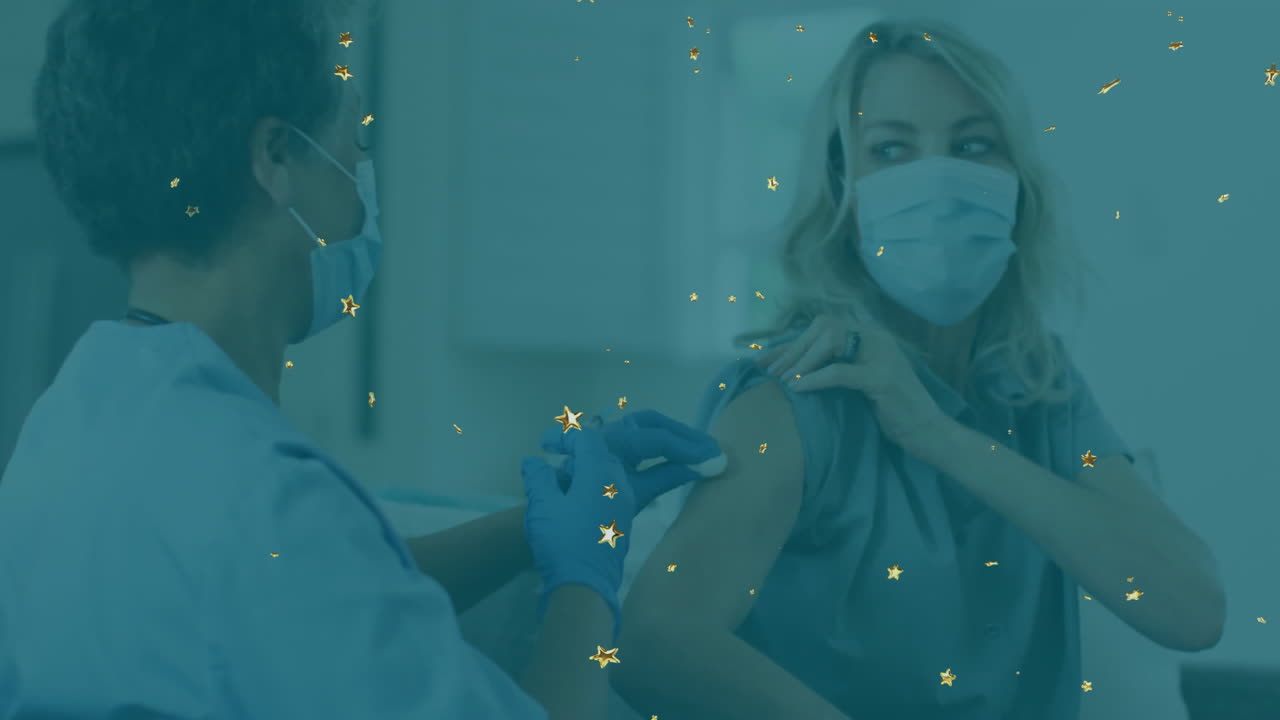 female nurse giving vaccine with syringe to patient in clinic, showing animated health chart