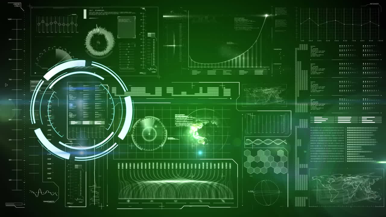 Animation of scope scanning and data processing on green background