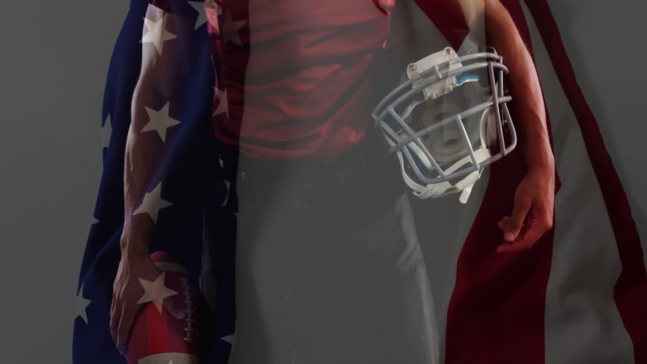 Holding helmet and ball, American football player with flag animation overlay