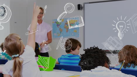 animation of education school icons over diverse school children in classroom