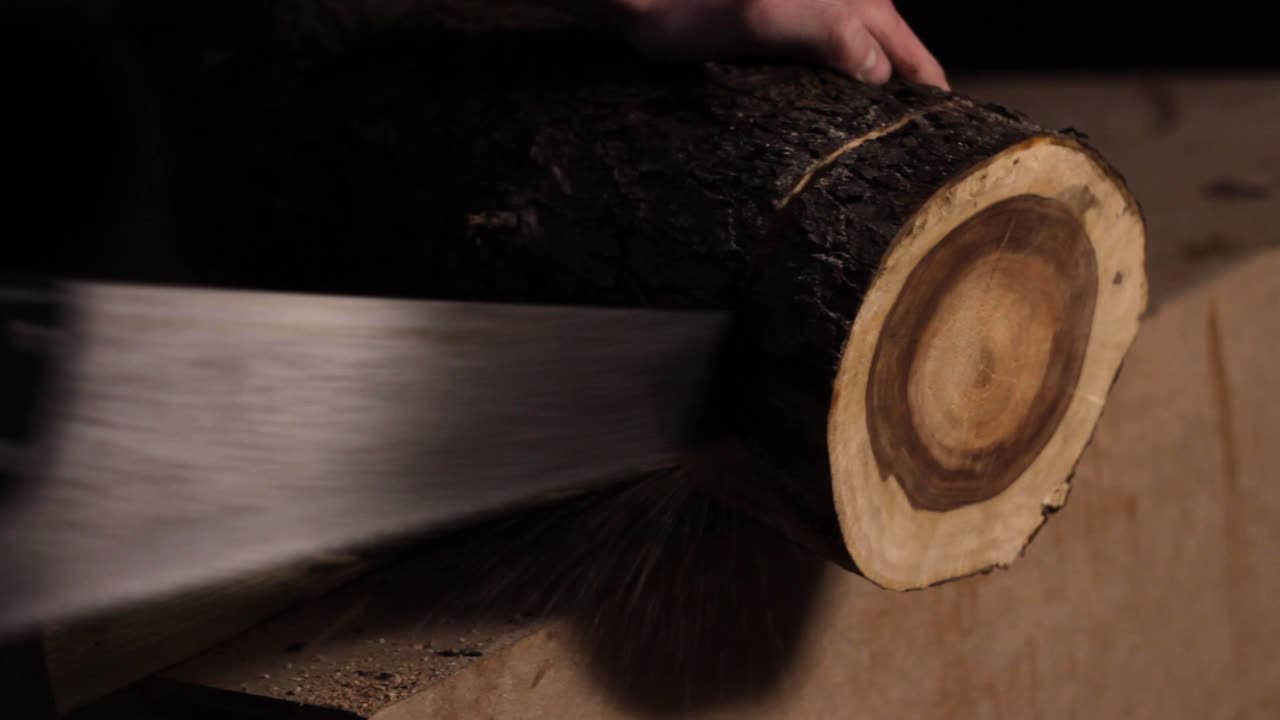 Manually sawing a log of wood with bare hands in a woodworking carpentry workshop