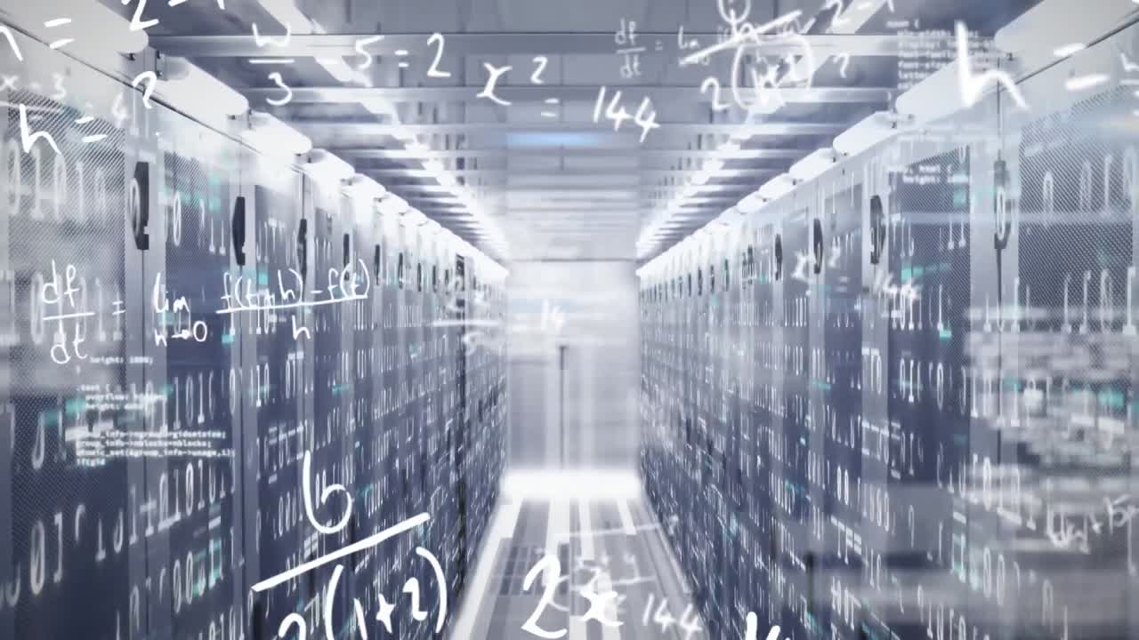 Animation of mathematical equations, binary coding, mosaic squares against computer server room