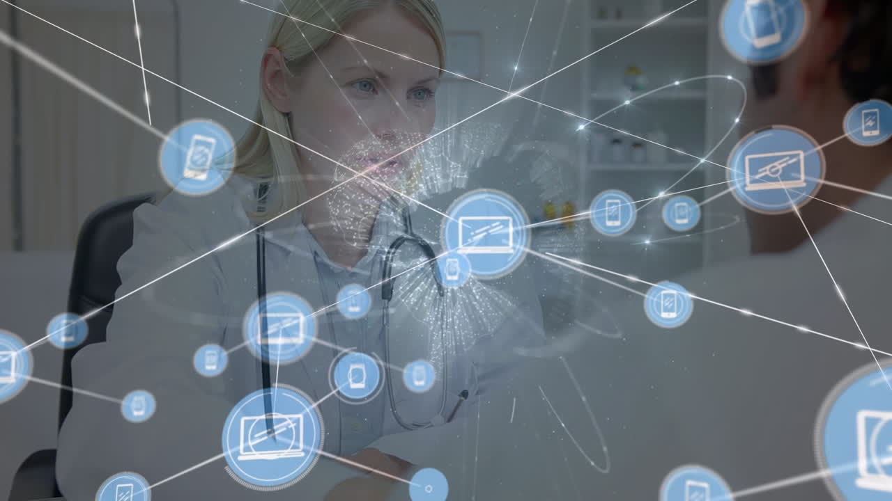 Animation of network of connections an globe over female caucasian doctor