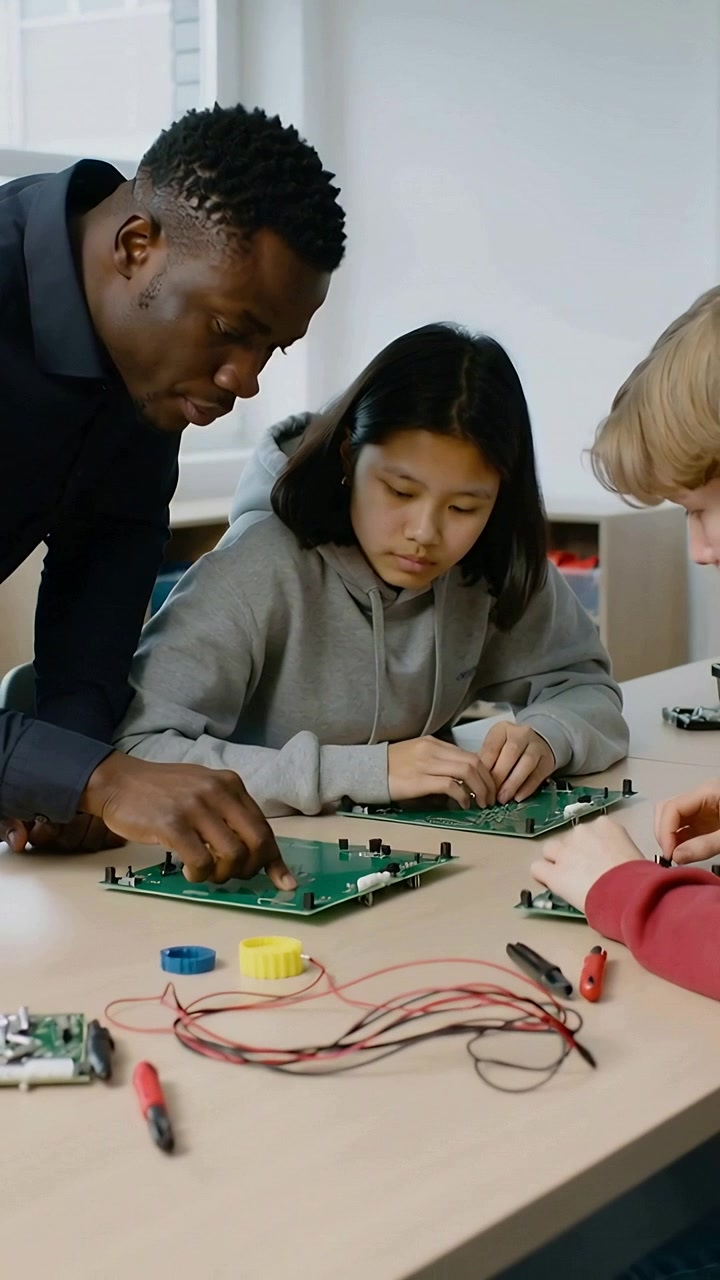 Vertical video: Leaning teacher in dark shirt guiding girl placing parts in lab for STEM on boards