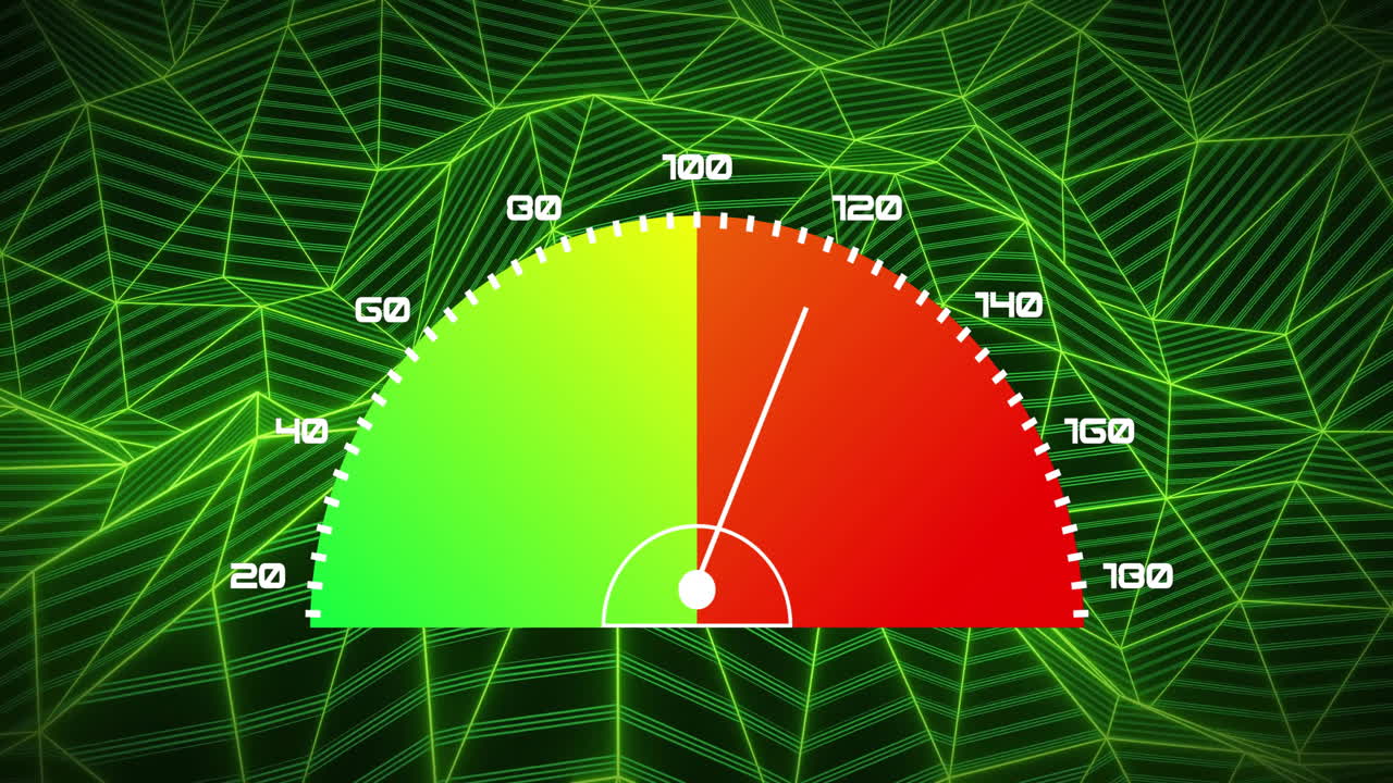 Animation of speedometer over green shapes moving