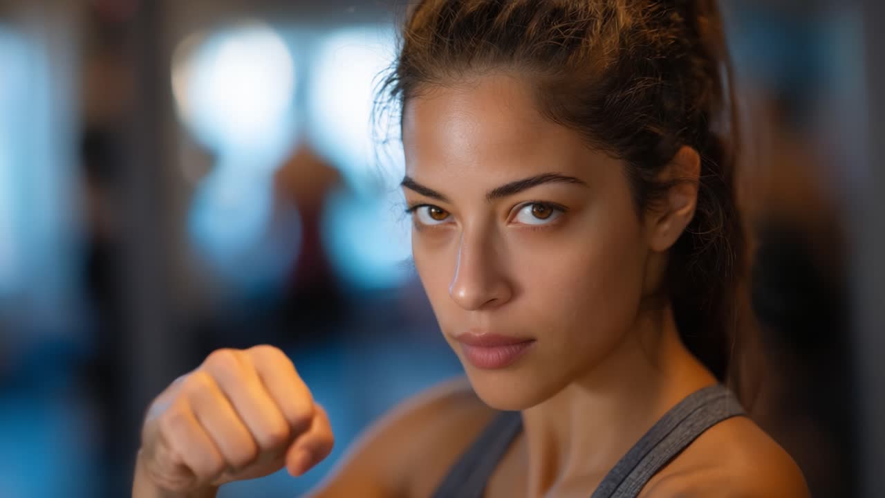 Donna motivata in palestra che mostra forza e determinazione con espressione concentrata, pronta ad affrontare le sfide e a ispirare gli altri attraverso il percorso di fitness