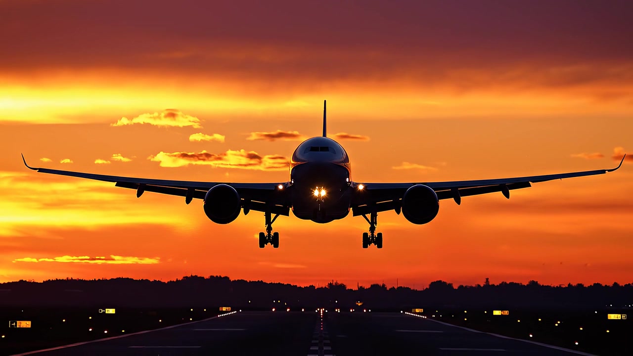Grande aereo passeggeri in avvicinamento per l'atterraggio contro il cielo al tramonto