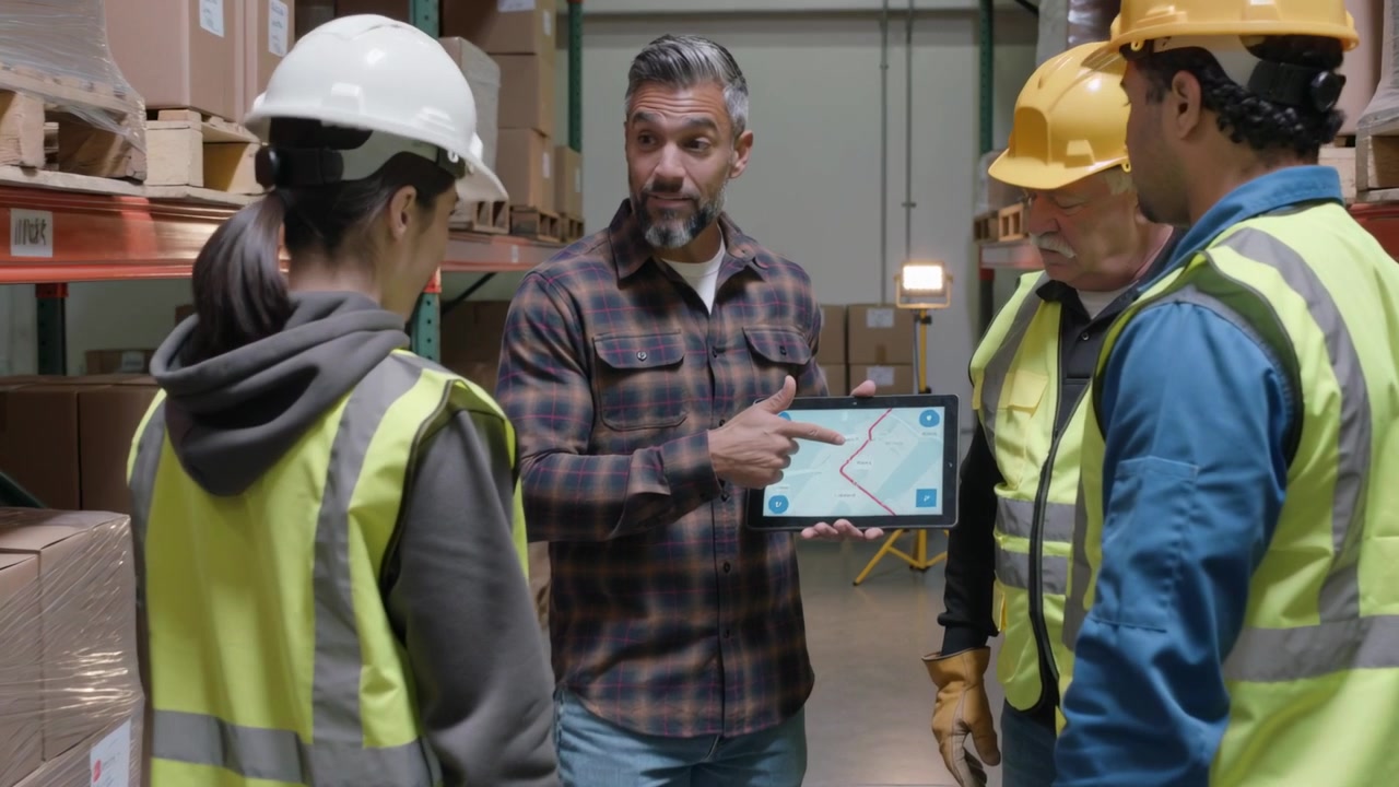 Pointing lead directing team after showing tablet map in aisle by racks, wearing vests to act