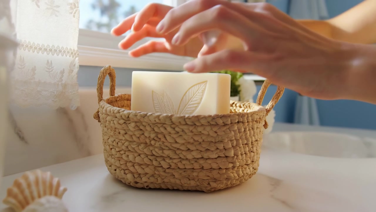Una vista ravvicinata segue entrambe le mani che abbassano e sistemano un sapone rettangolare chiaro in un cestino di fibra naturale, mentre la luce del sole rivela la trama intrecciata, conchiglie, una tenda di pizzo, vegetazione e un rubinetto.