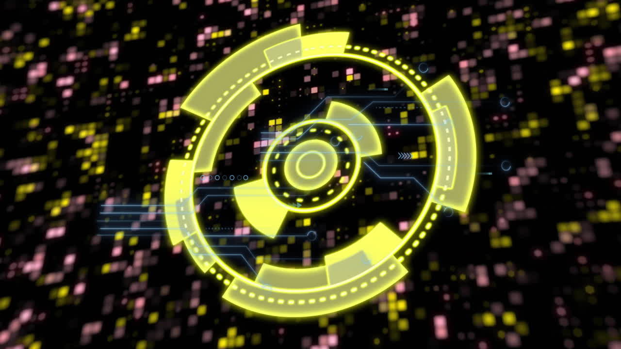 Animating futuristic circular interface over digital data blocks background