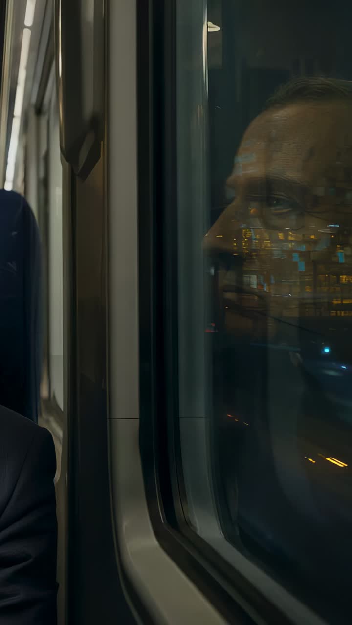 Vertical video: Passing lights causing commuter in jacket gazing at train window, with blue seat