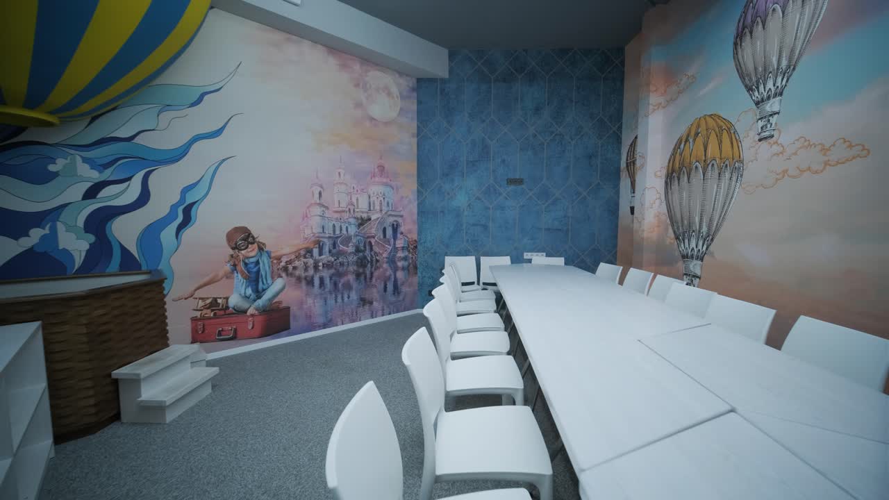 sala de juegos para niños con murales de globos de aire caliente