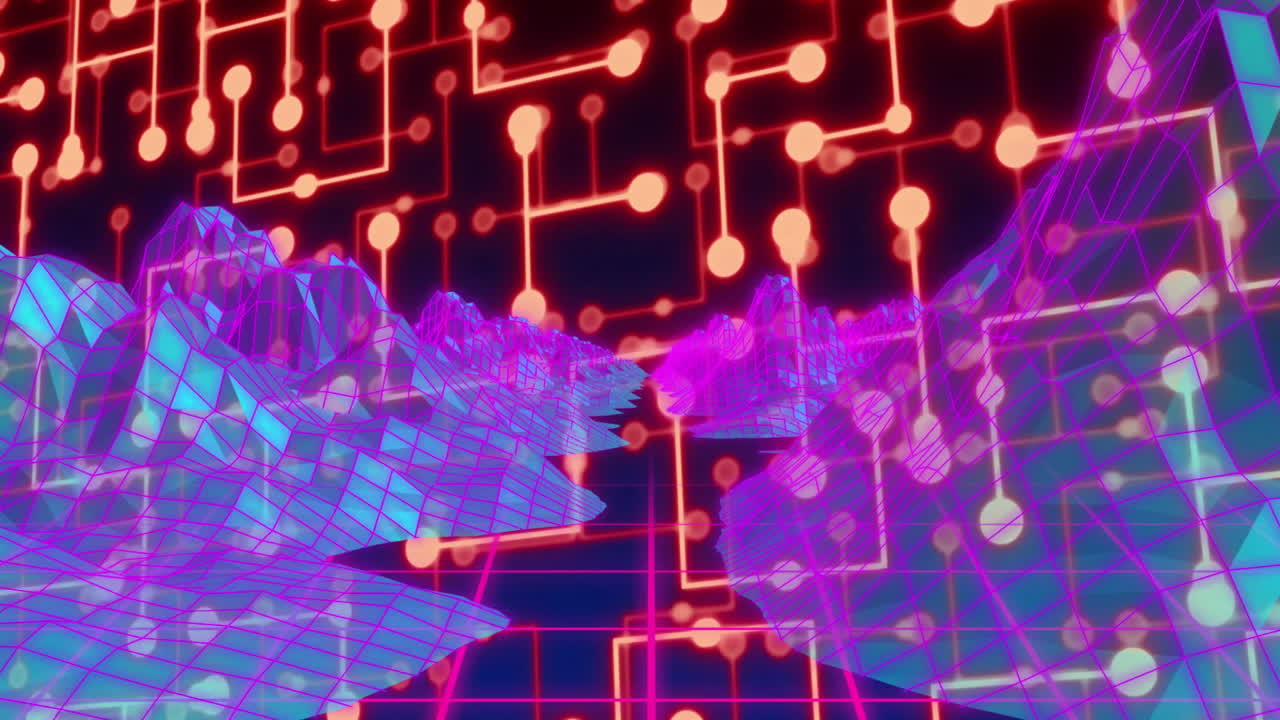 Neon grid mountains and circuit patterns creating futuristic animation landscape