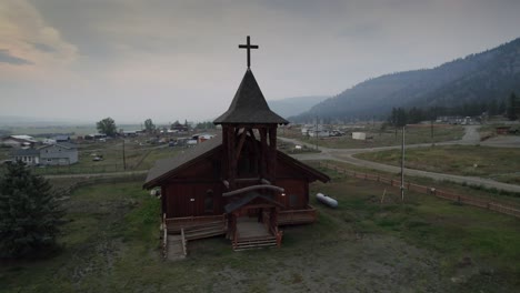 small wooden church, aerial drone view