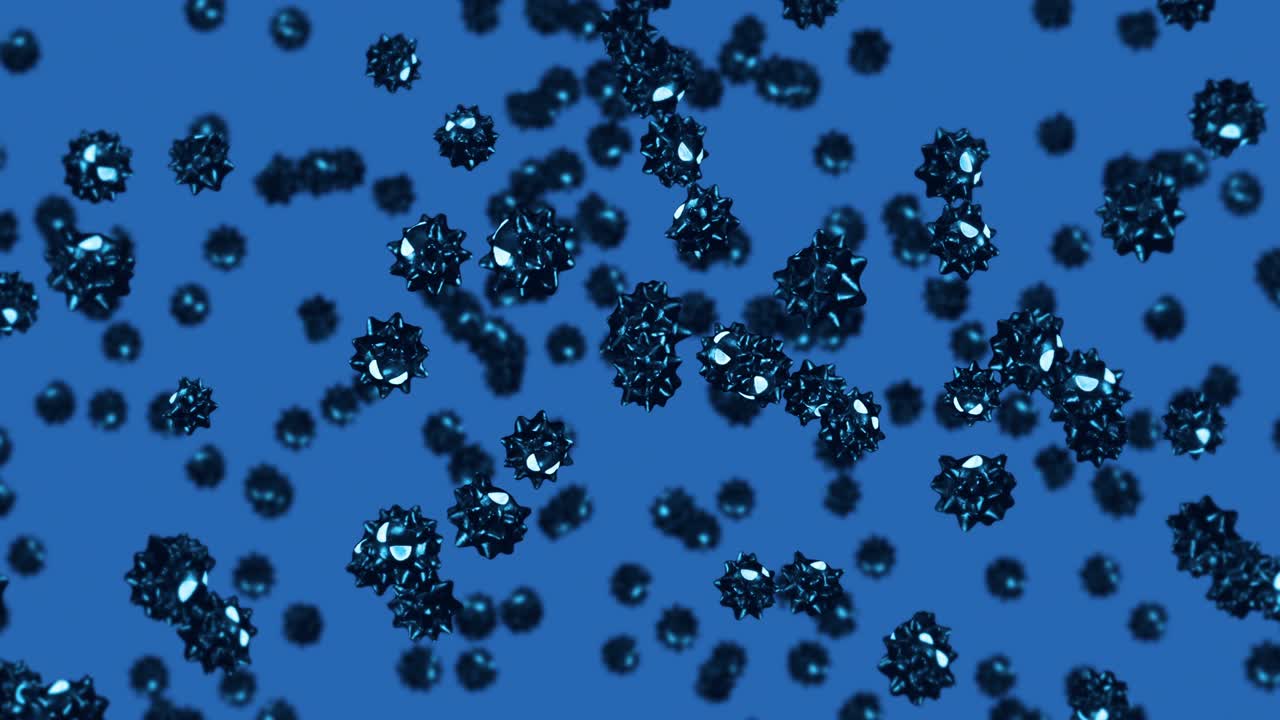 파란색 배경의 만화 캐릭터에서 많은 바이러스를 날아다니는. 의학 개념. 화를 내는 재미있는 검은 바이러스 마스코트. 3d 루프 애니메이션.
