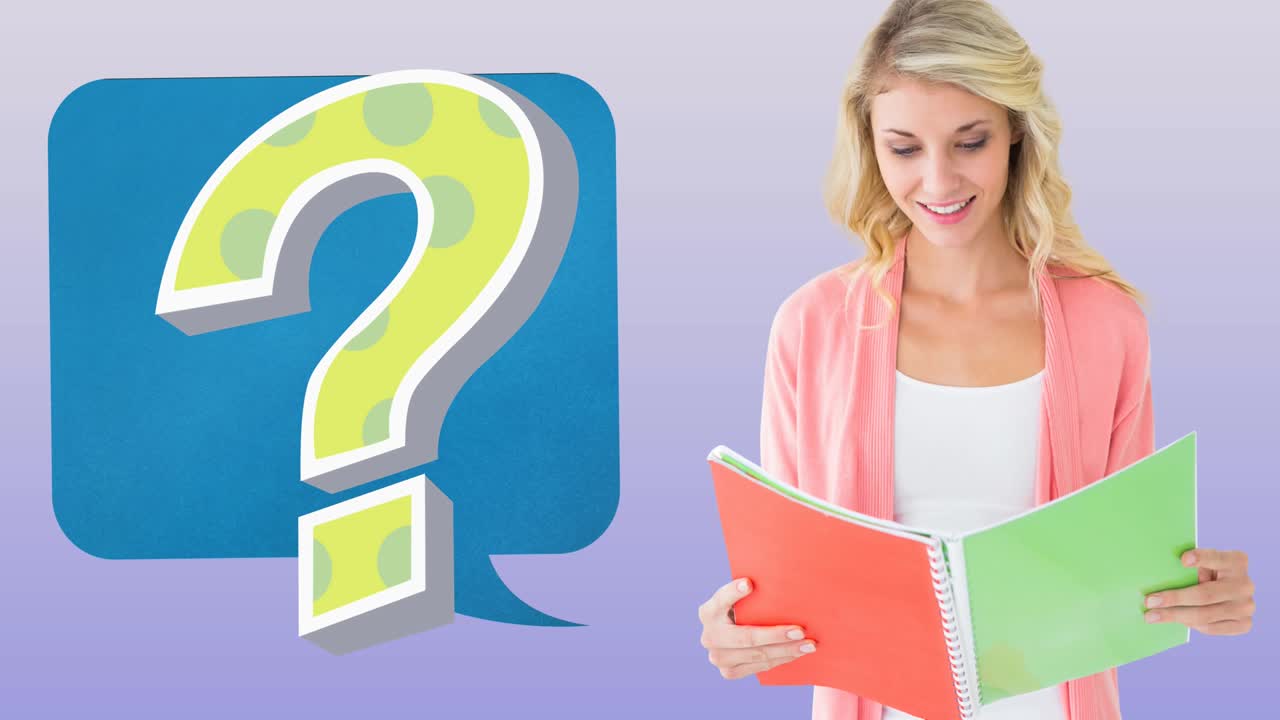 음성 거품과 백인 여성 교사의 초록색 물음표의 애니메이션