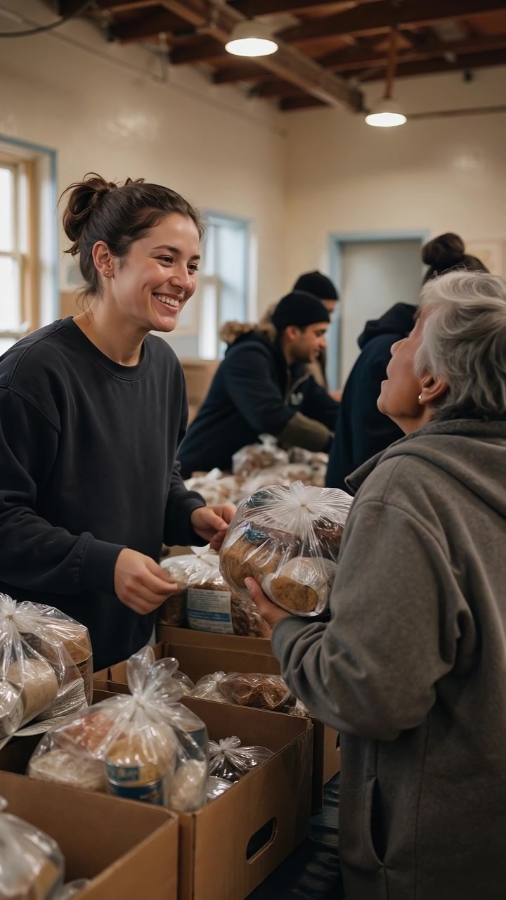 Joven sonriente haciendo voluntariado en un banco de alimentos y entregando una bolsa de pan a una persona mayor