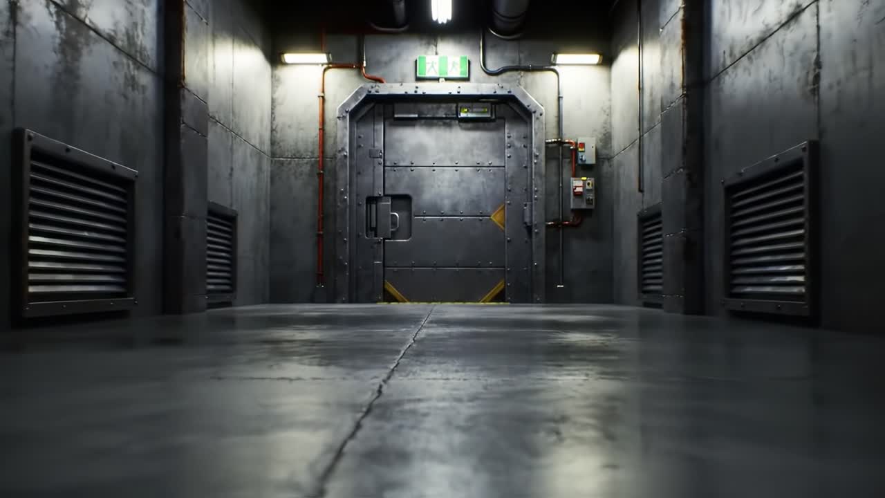 A dark corridor with metallic walls and floor stretches ahead, illuminated by faint overhead lights. Ventilation grates line the walls, hinting at advanced technology in this unique space.