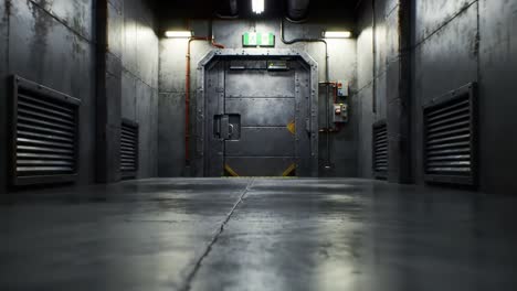 a dark corridor with metallic walls and floor stretches ahead, illuminated by faint overhead lights. ventilation grates line the walls, hinting at advanced technology in this unique space.