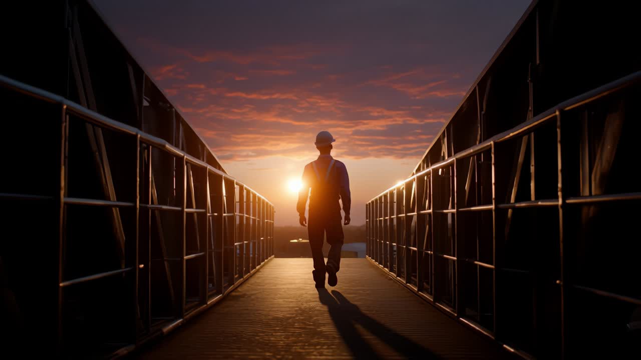 A silhouette of a worker confidently walking towards the horizon during sunset, highlighting reflections of light amidst a tranquil industrial setting, showcasing dedication and resilience in daily endeavors