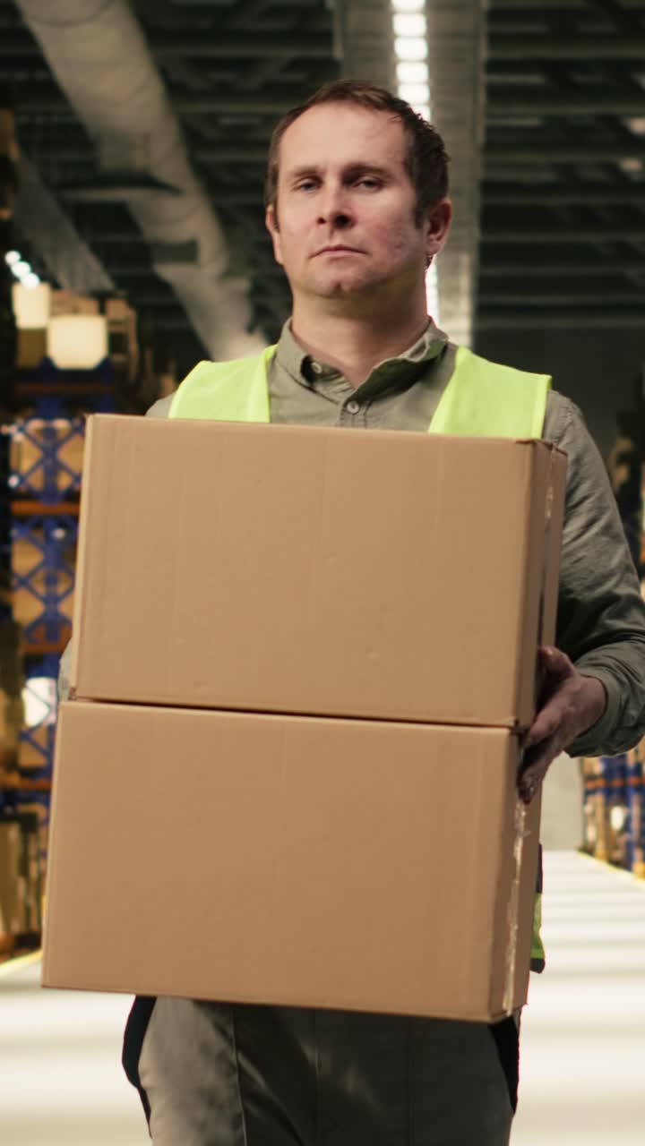 Vertical Video Worker Moving Merchandise In Cardboard Boxes For Order Fulfillment