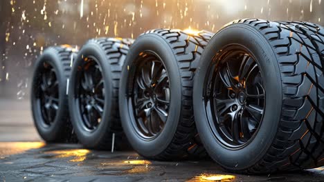four black tires are lined up next to each other. the tires are all the same size and are black in color