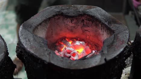 close up blurred background of the blaze of fire in charcoal grills, used for cooking a variety of foods in thailand