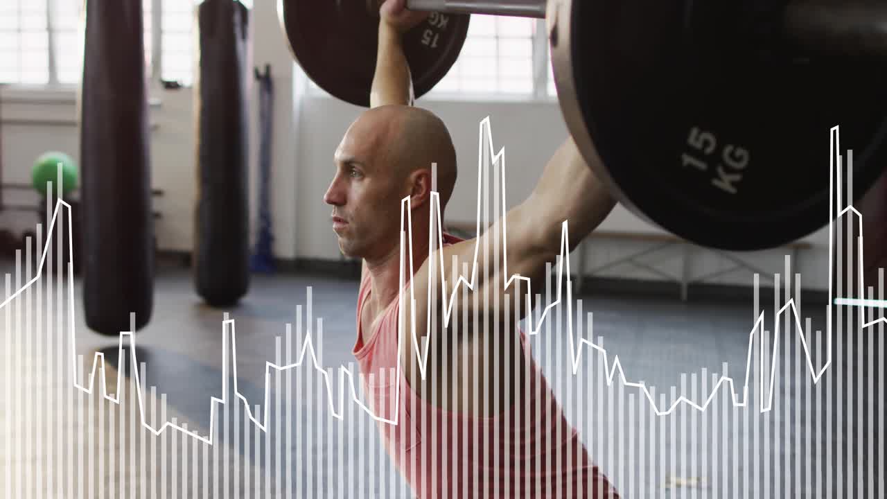 Man bracing core while catching barbell entering frame, waveform pulsing with lift for fitness