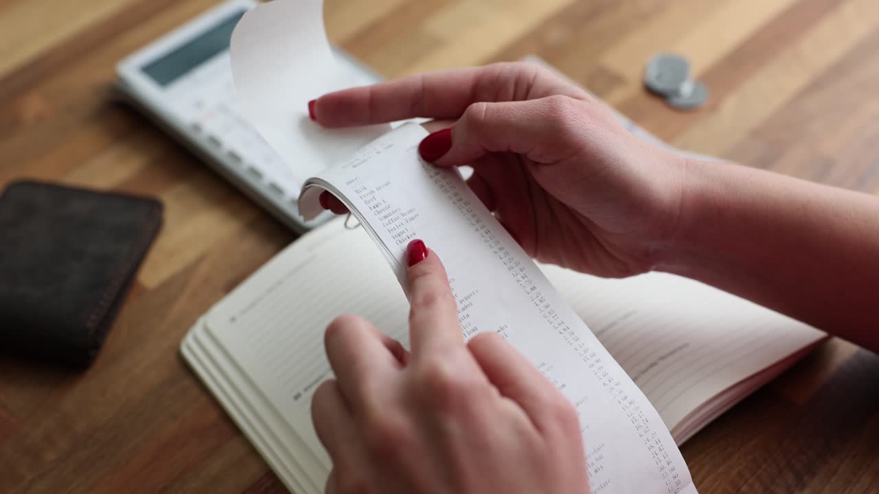 Person checking a long shopping receipt with a calculator and notebook