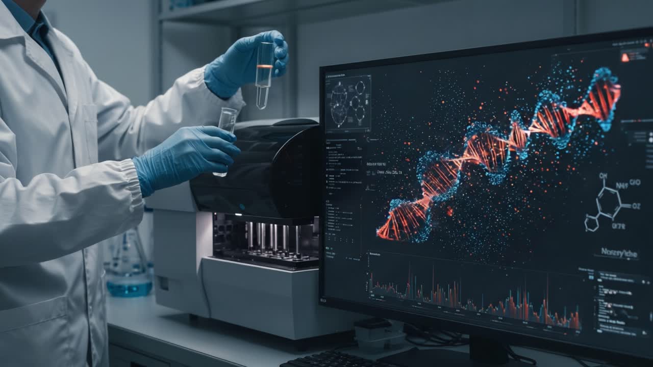 Advanced Laboratory Analysis: A Scientist Conducting Experiments with Data Visualization on DNA Sequencing in a Modern Research Facility