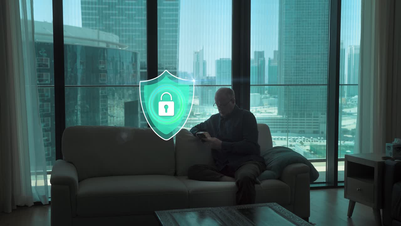 Man's smart device is protected from cyber attack, malware, virus, and phishing - concept animation with a digital padlock