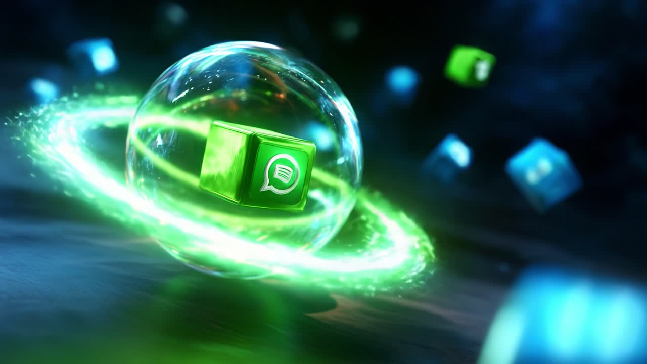 A captivating visual representation of digital communication, this stunning graphic showcases a glowing green orb encircling vibrant cubes, symbolizing the dynamic flow of messages in a global digital network