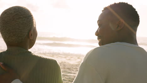 Black-couple,-laughing-or-love-bond-on-sunset