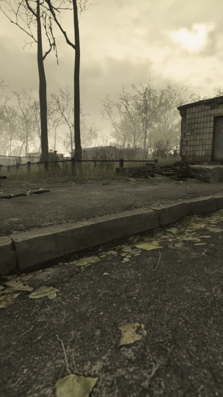 Eerie abandoned neighborhood with barren trees and cloudy skies
