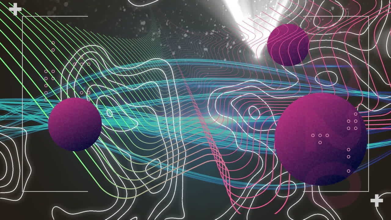 formas abstractas sobre la topografía contra rastros de luz azul y puntos de luz sobre fondo negro