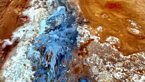 aerial view over smoking fissures and the geothermal surface of hverir, iceland