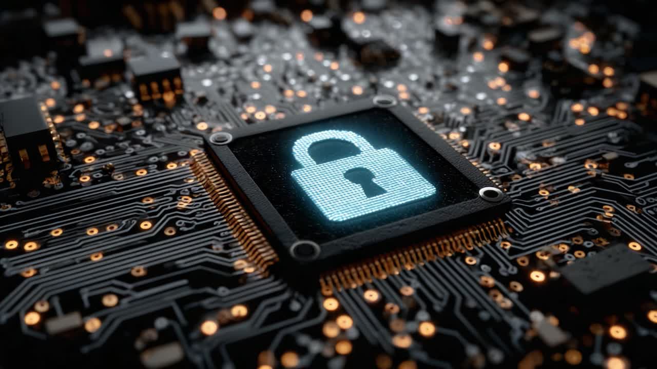 Exploring the Intersection of Cybersecurity and Technology: Visualizing a Secure Digital Environment with a Lock Symbol on a Circuit Board