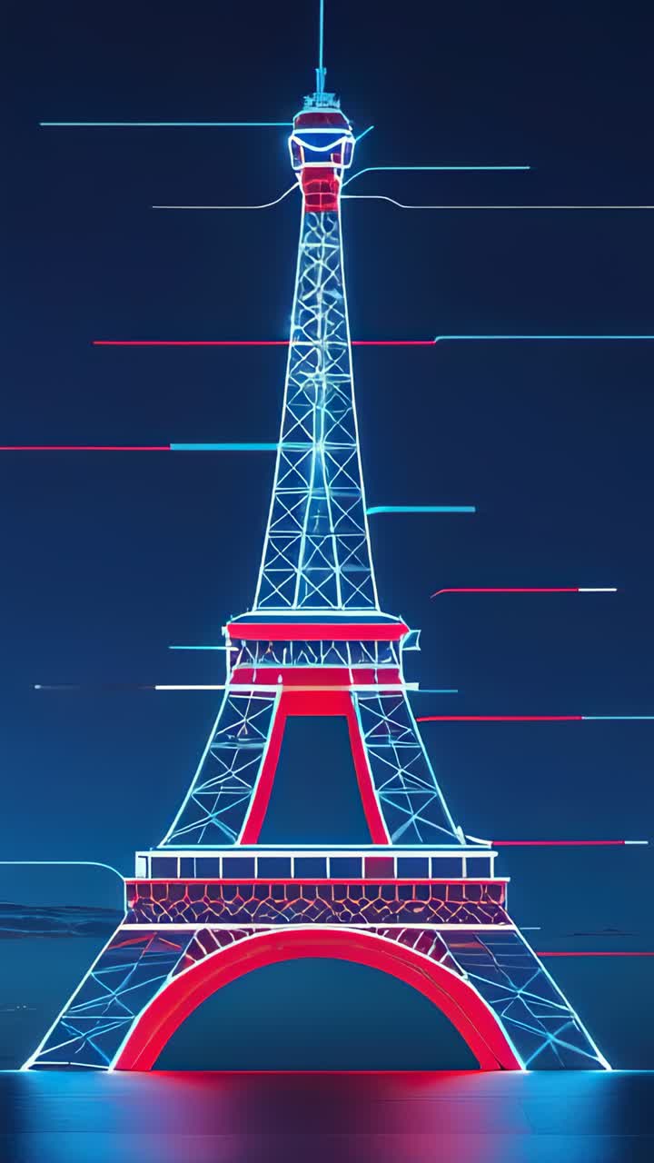 Vertical video: Neon-outline Eiffel Tower fading into view on dark blue, with glitch bars shifting