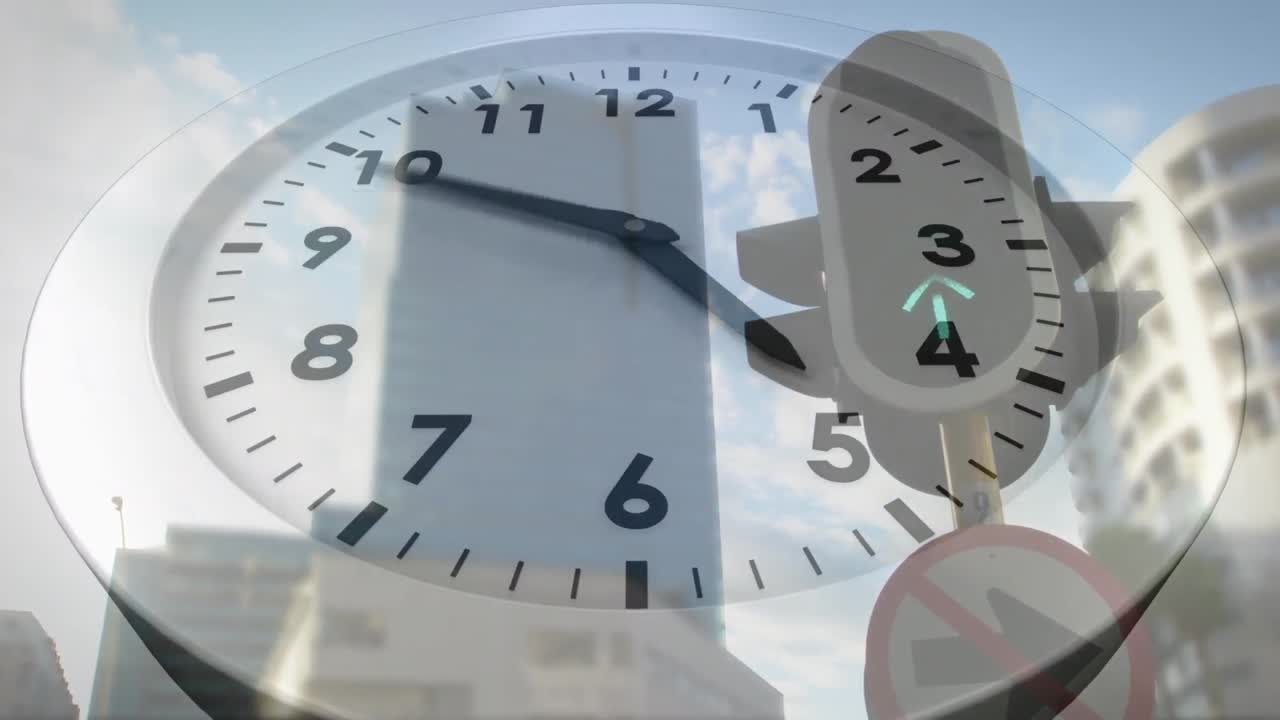 animación de reloj moviéndose sobre semáforos y rascacielos