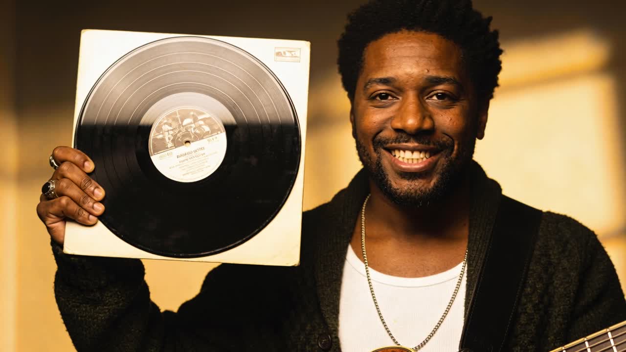 Video verticale: Uomo in cardigan solleva una custodia di vinile e tiene un disco in studio, mostrando l'etichetta.