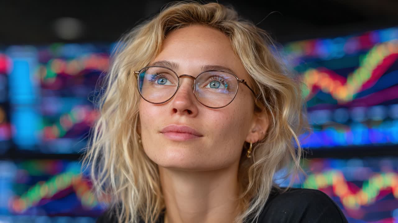 A Thoughtful Perspective: A Young Woman Contemplating Market Trends Amidst Vibrant Financial Graphs Displayed in a High-Tech Trading Environment