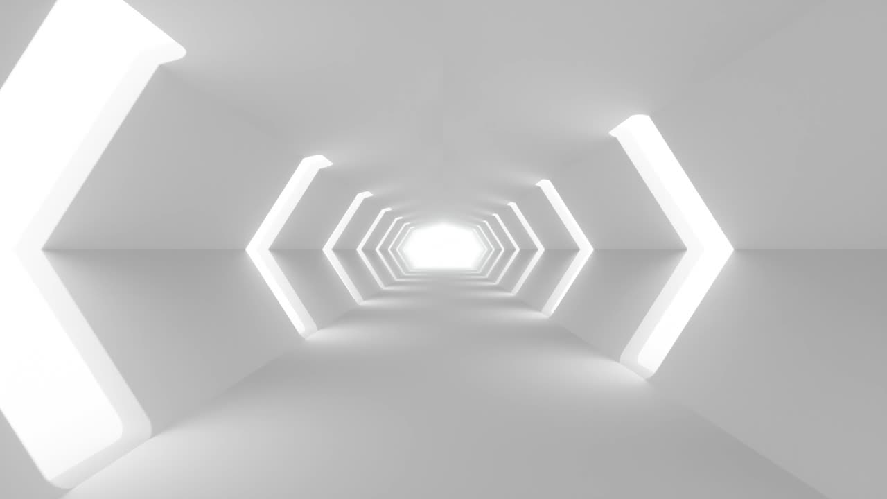 voando em um interior de túnel de ficção científica branco futurista. corredor de ficção científico. fundo de tecnologia moderna abstrata. loop sem costura 4k renderização de animação 3d
