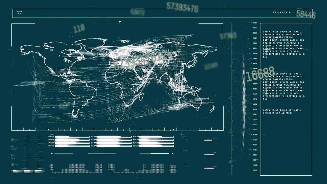 Animation of data processing and world map over gray background