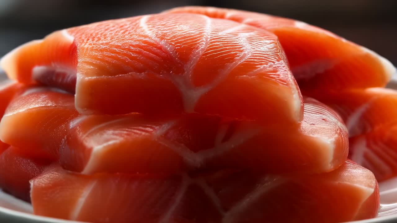 Posunutí úhlu kamery odhaluje naskládané plátky syrového lososa na bílém talíři u okna, které ukazují strukturu